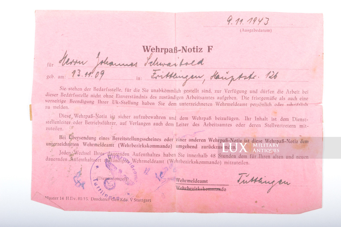 German Wehrpass and cover grouping, « Rottweil - Deutschland » - photo 29