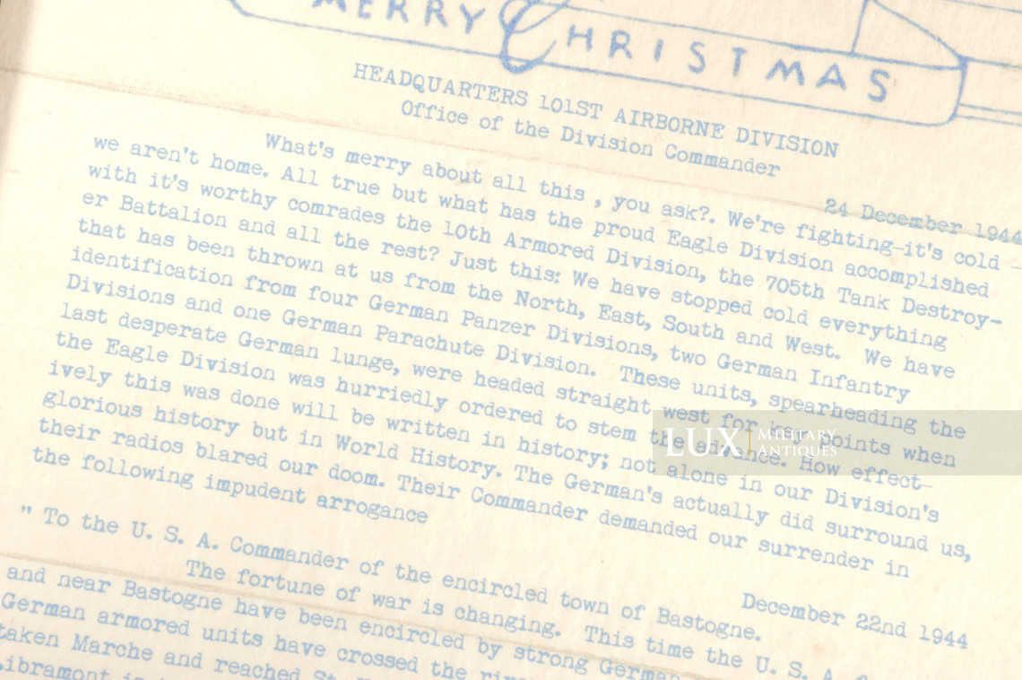 Copie carbone, message du Brigadier General McAuliffe, « Bastogne, 1944, NUTS! » - photo 10