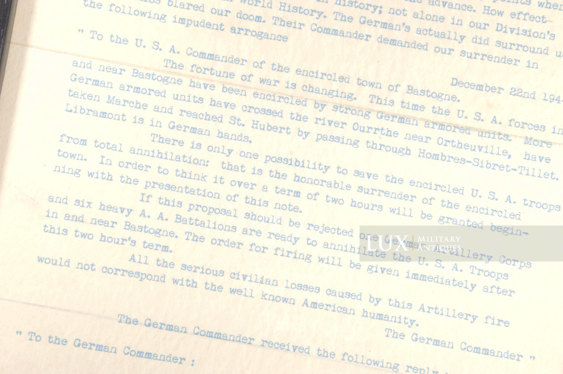 Copie carbone, message du Brigadier General McAuliffe, « Bastogne, 1944, NUTS! » - photo 11
